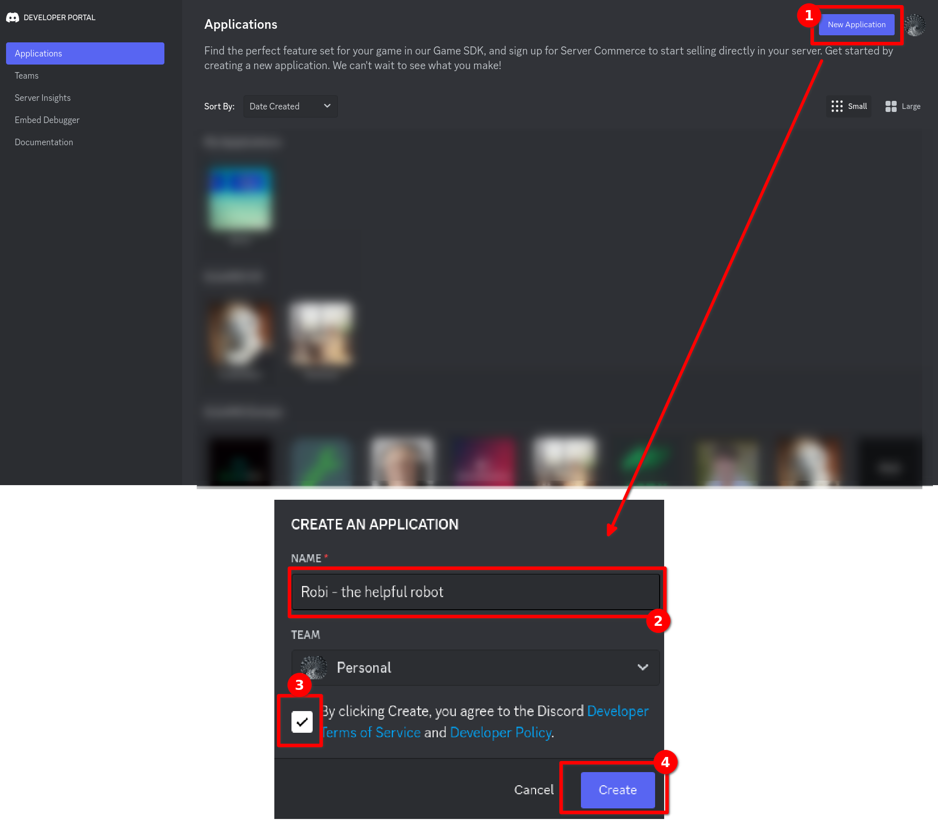 Creating a new application in the Discord Developer Portal