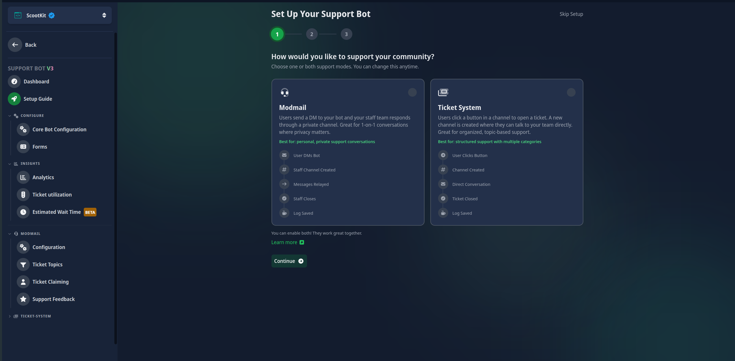 Der Modus-Auswahlbildschirm mit Karten für Modmail und Ticket-System, jeweils mit Beschreibung und Ablaufdiagramm