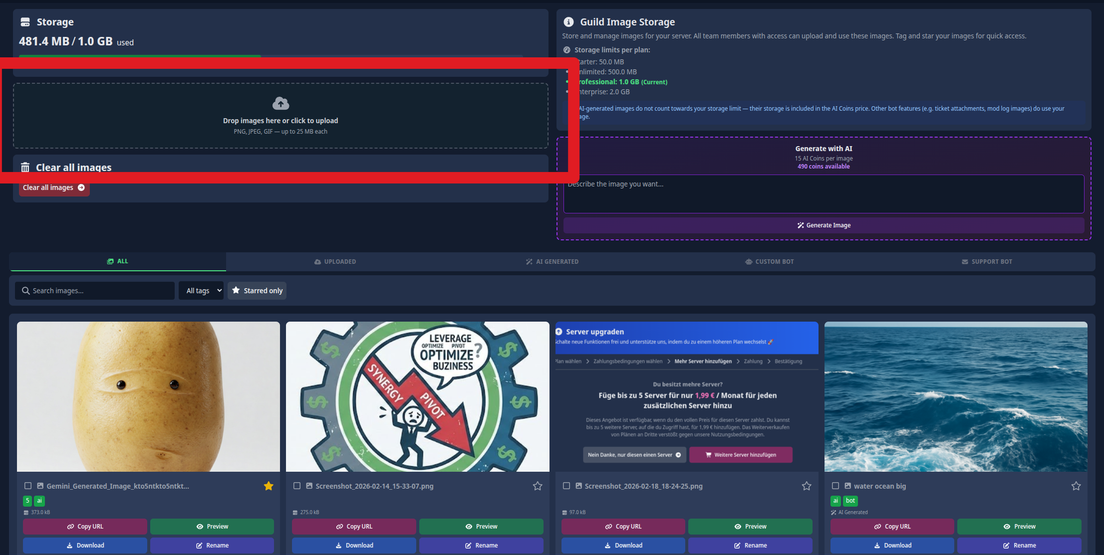 Screenshot demonstrating how to drag and drop or select files to upload in the Images page